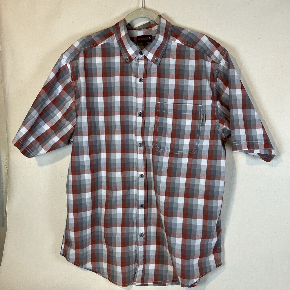 Wolverine Plaid Red Gray Short Sleeve Collared Button Down Mens Size Large Shirt